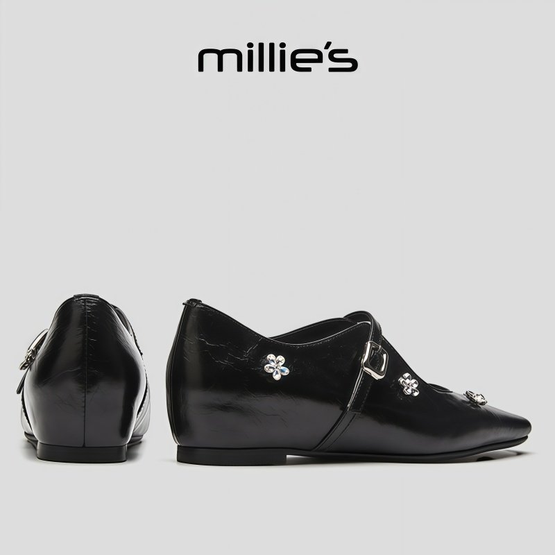 MILLIE'S/妙丽黑色真皮水钻花朵玛丽珍鞋女一字带内增高绝美单鞋,女鞋,时尚芭蕾鞋,淘宝优惠券,粉丝福利购,淘宝优惠卷