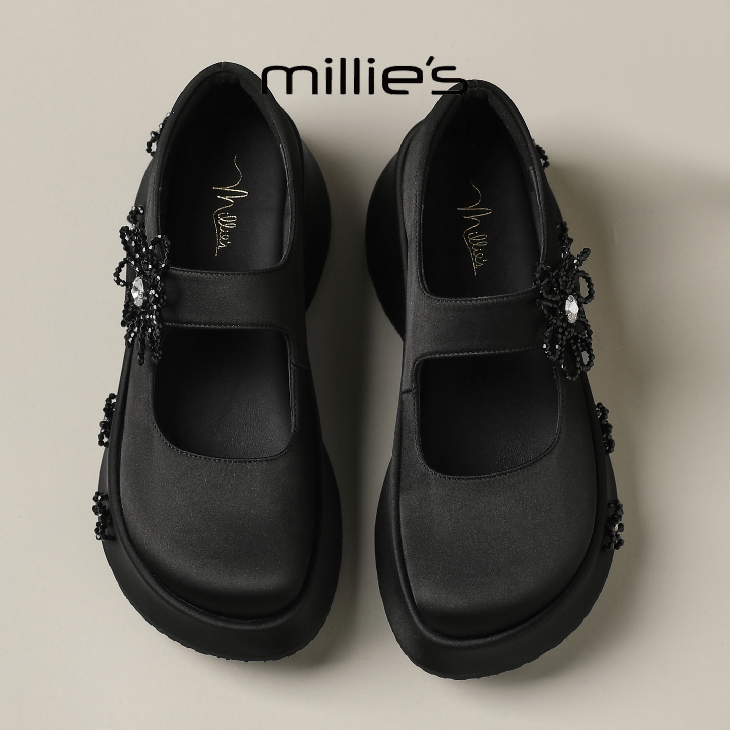 MILLIE'S/妙丽巨好看增高女鞋黑色真皮厚底玛丽珍鞋一字扣带单鞋