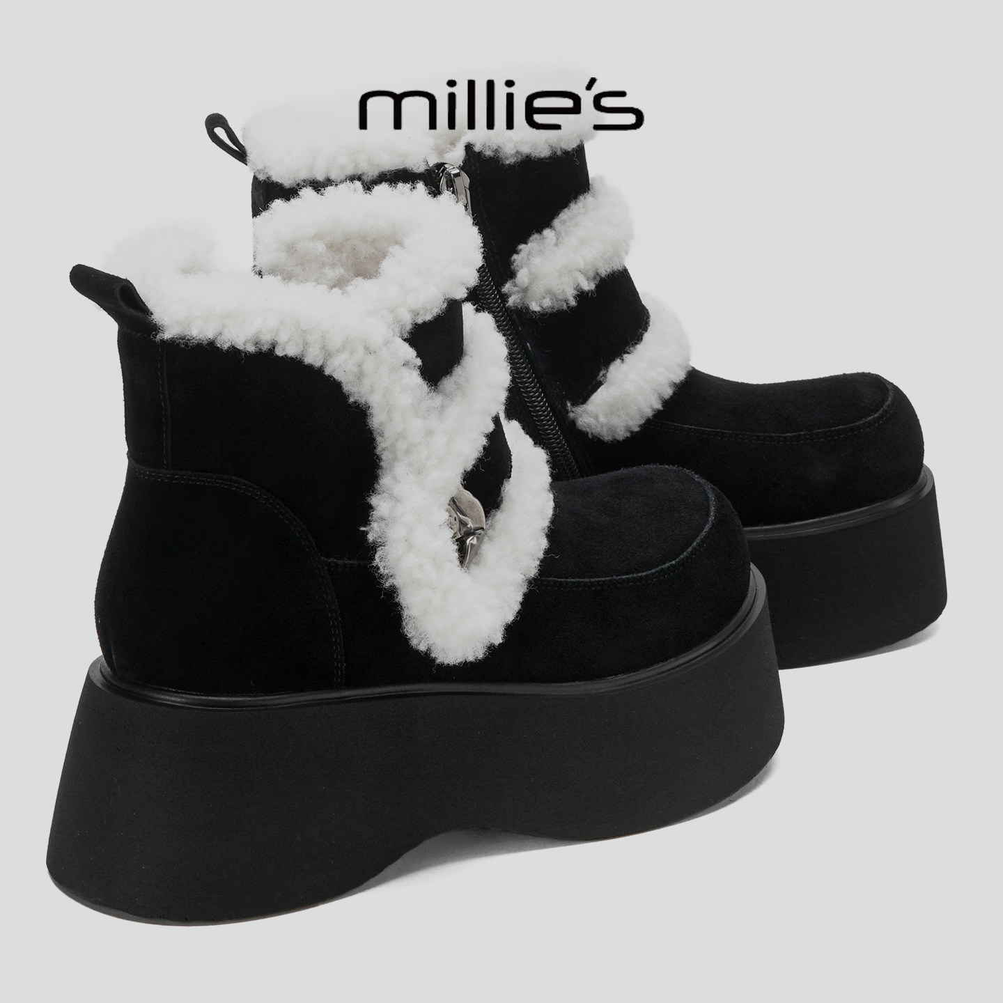 MILLIE'S/妙丽新款黑白撞色厚底显瘦雪地靴加绒加厚保暖毛毛短靴