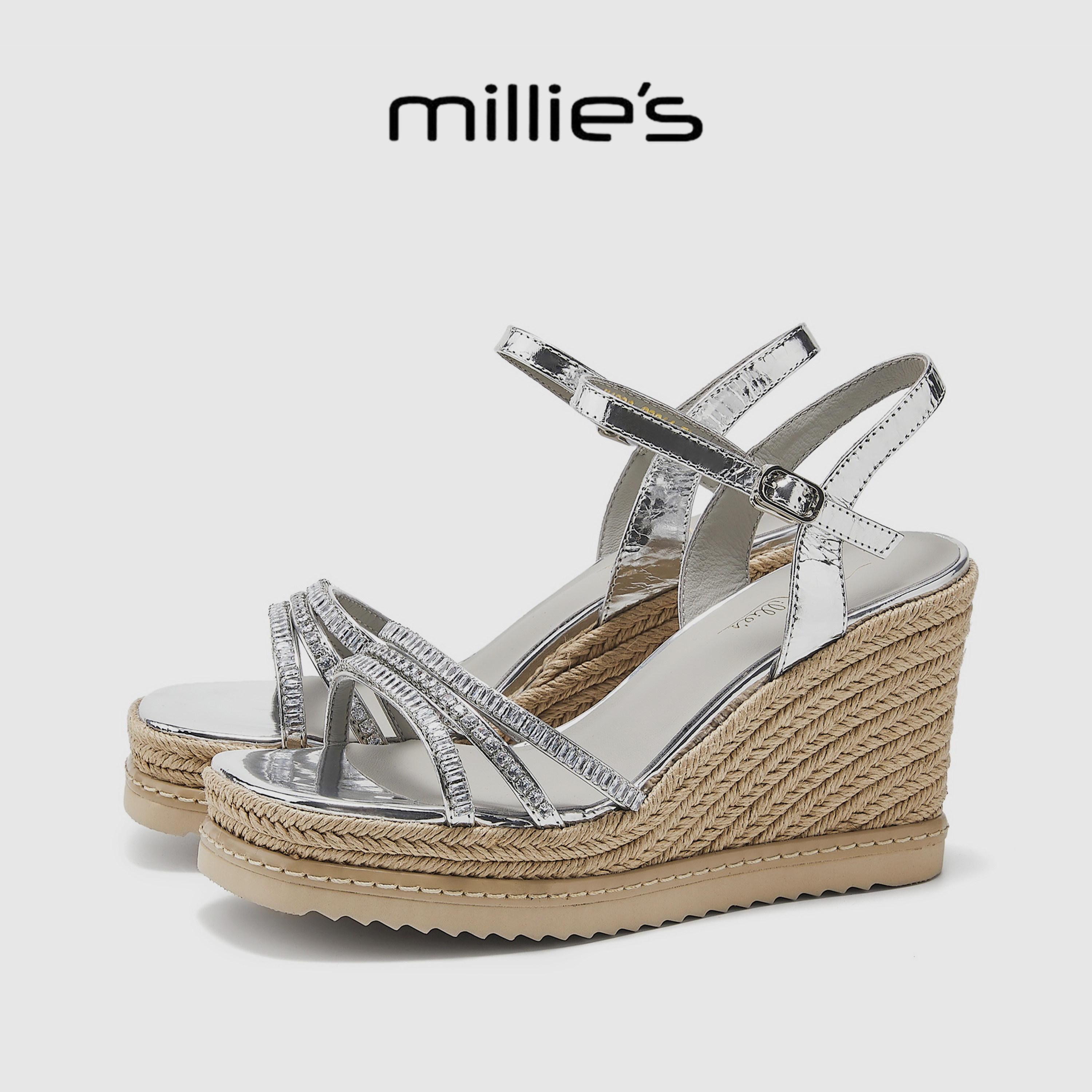MILLIE'S/妙丽水钻坡跟编织凉鞋女夏一字带松糕厚底增高鞋不累脚