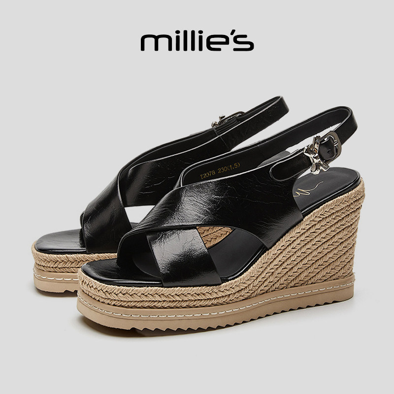 MILLIE'S/妙丽坡跟厚底时尚百搭简约优雅真皮透气舒适休闲凉鞋女