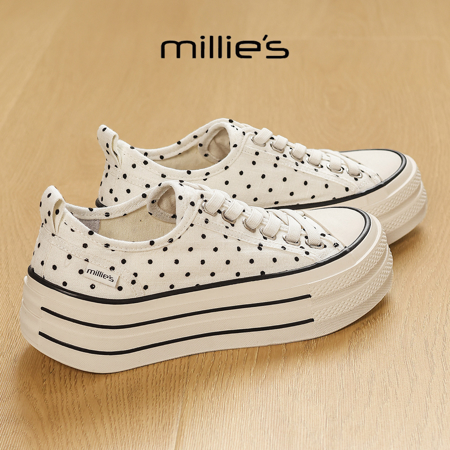 MILLIE'S/妙丽巨好看厚底波点小白鞋女韩系简约增高轻便休闲板鞋