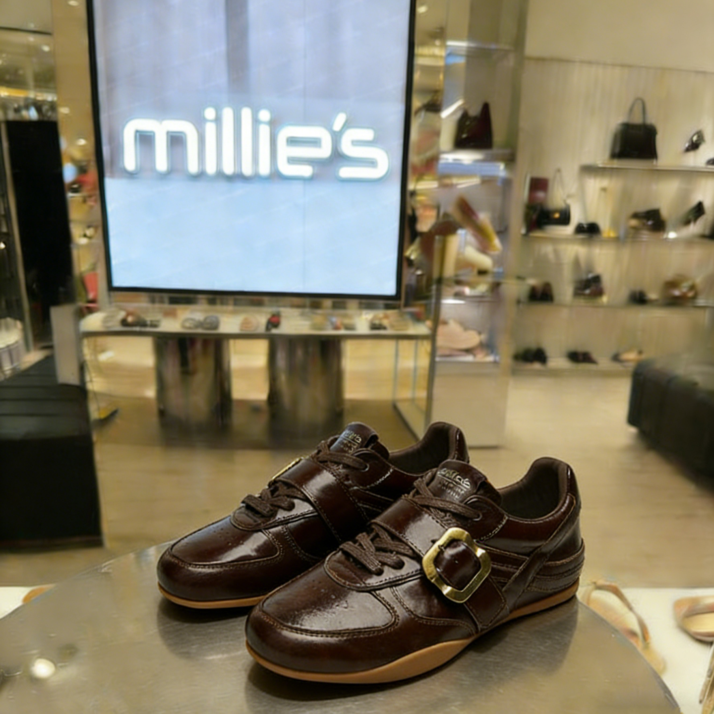 MILLIE'S/妙丽复古德训鞋女真皮系带厚底休闲鞋棕色运动鞋专柜款