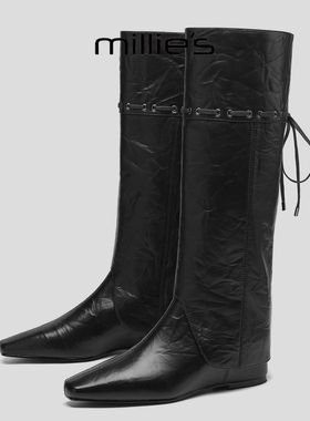 MILLIE'S/妙丽黑色真皮一鞋两穿加绒保暖长筒靴内增高显瘦骑士靴
