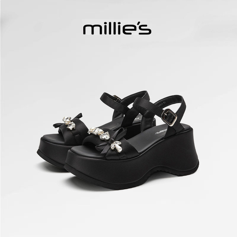 MILLIE'S/妙丽巨好看黑色水钻一字带厚底罗马凉鞋女增高厚底鞋