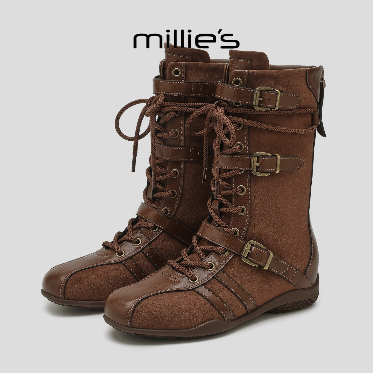 MILLIE'S/妙丽2026新款复古绑带休闲轻便平底中筒德训高帮靴子