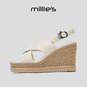 妙丽方头坡跟法式 超高跟交叉绑带显气质时尚 MILLIE 罗马凉鞋 女