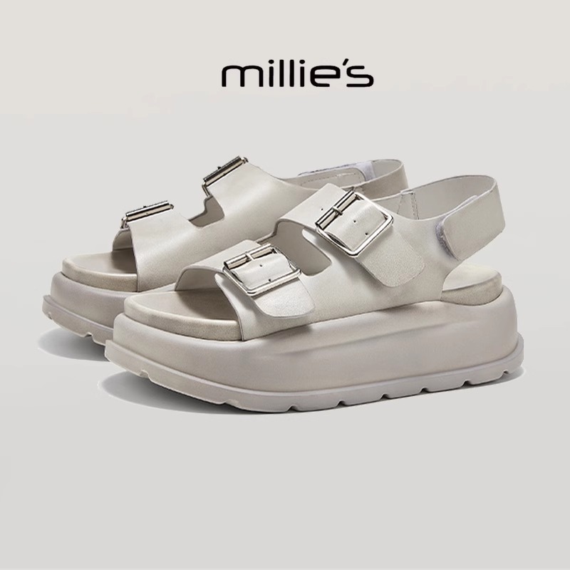 妙丽圆头厚底金属扣松糕鞋