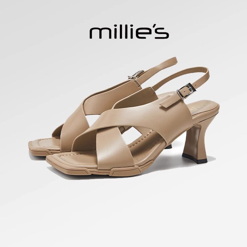 MILLIE'S/妙丽方头粗跟法式优雅气质百搭时尚高跟罗马高跟凉鞋女