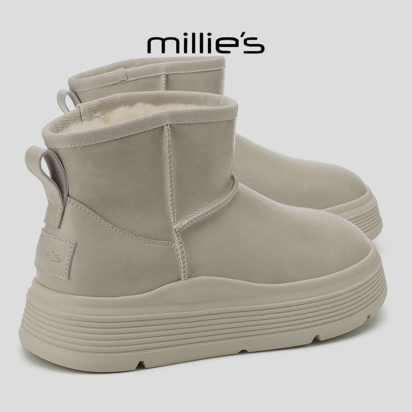 MILLIE'S/妙丽新款真皮拼接加绒保暖棉靴2026冬季厚底套脚雪地靴