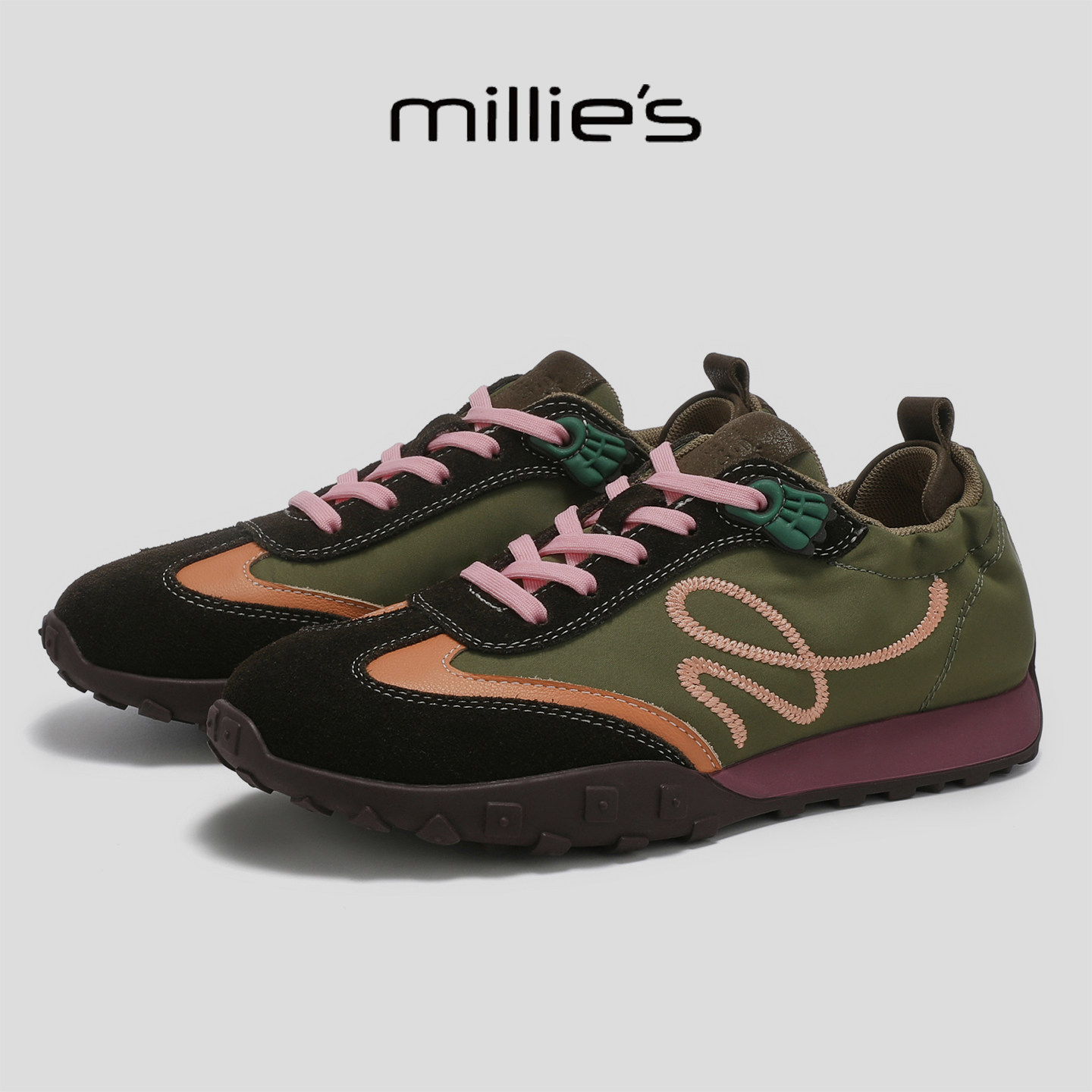 MILLIE'S/妙丽复古拼色德训鞋女系带厚底休闲运动轻便软底老爹鞋,女鞋,时尚休闲鞋,淘宝优惠券,粉丝福利购,淘宝优惠卷