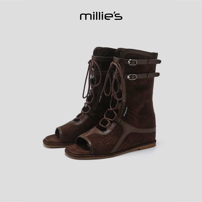 MILLIE'S/妙丽2026罗马风系带绑带凉靴女夏季坡跟高帮鱼嘴休闲鞋