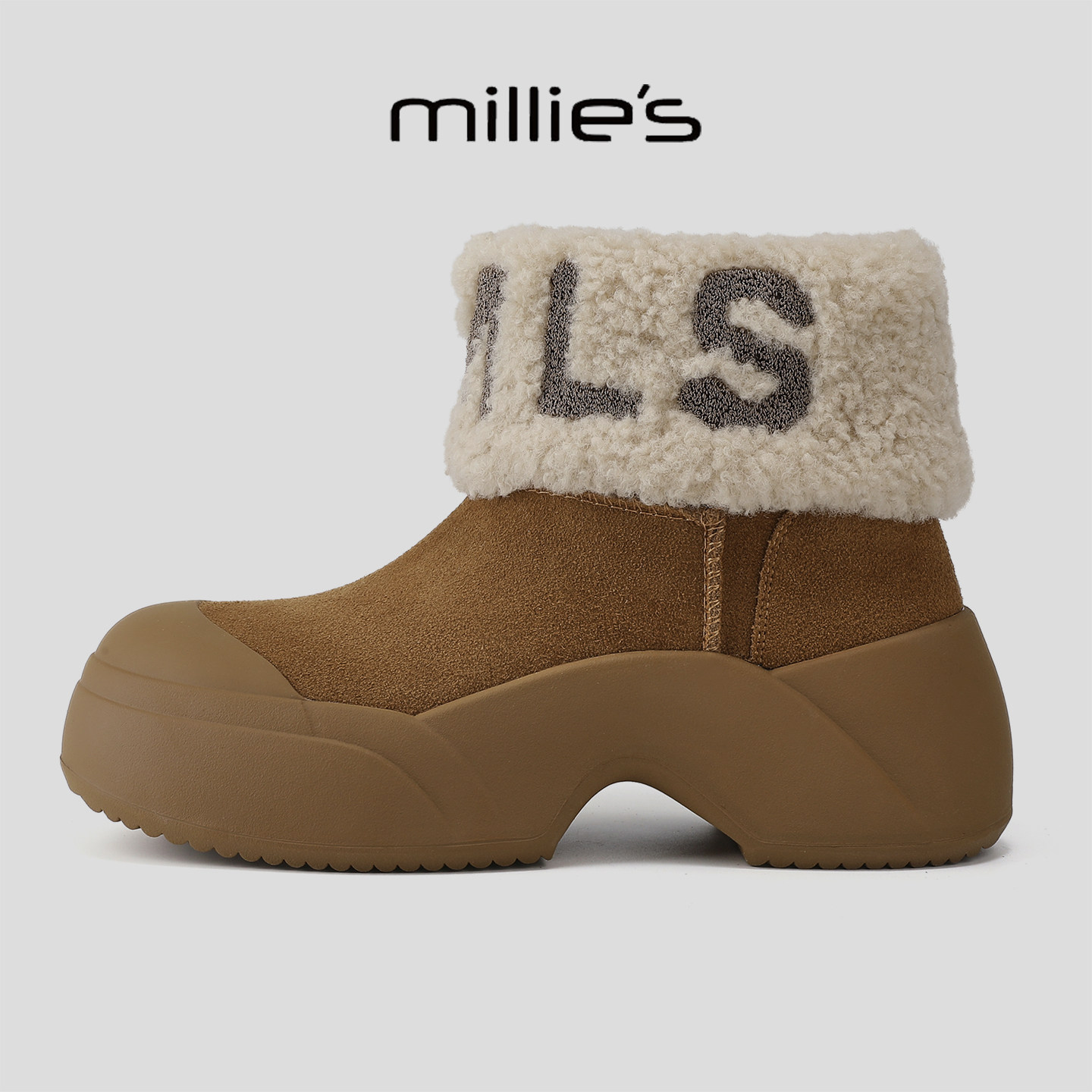MILLIE'S/妙丽时尚雪地靴女加绒保暖厚底短靴子显瘦字母翻边棉鞋