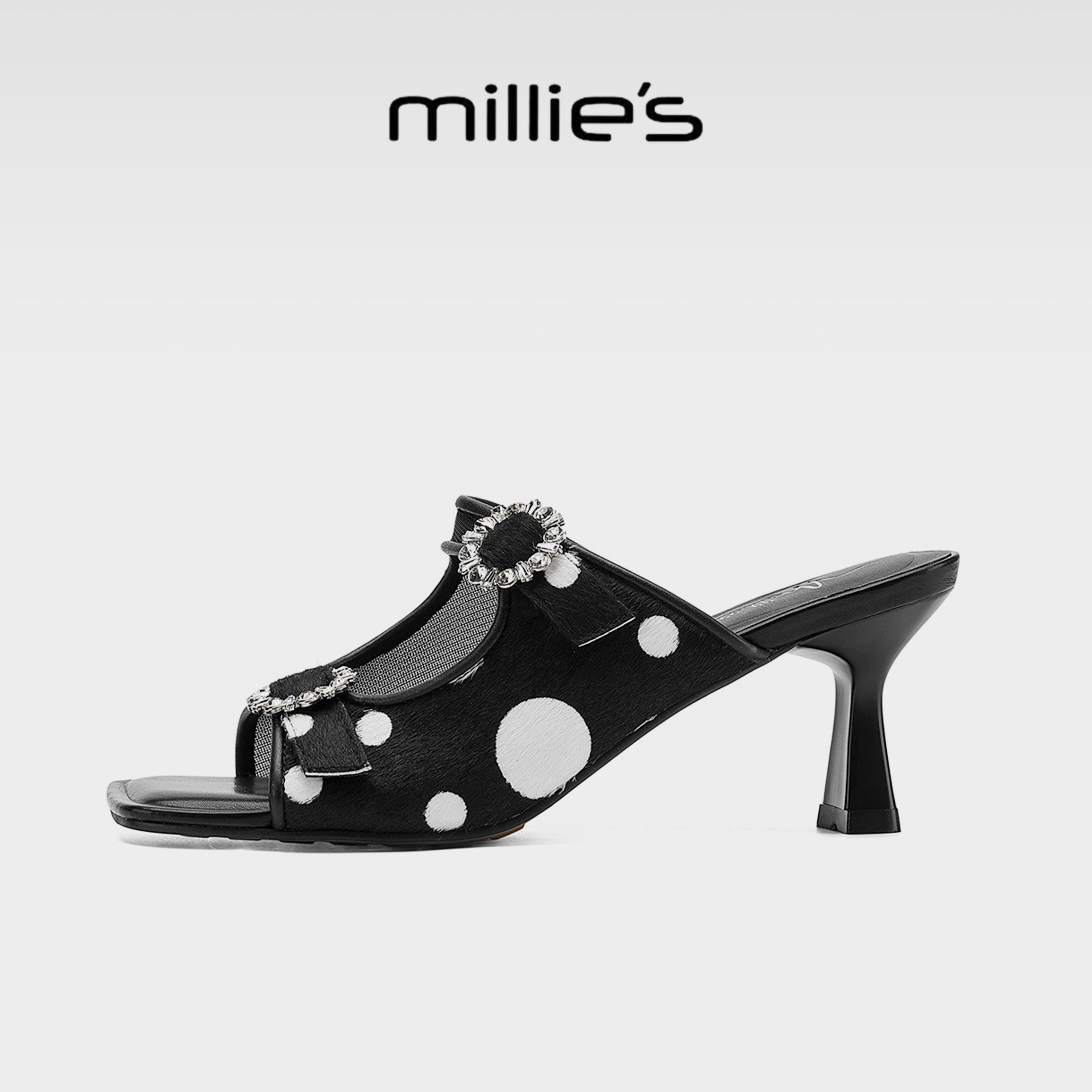 MILLIE'S/妙丽水钻皮带扣一字拖女夏外穿高跟凉拖鞋露趾百搭时尚G