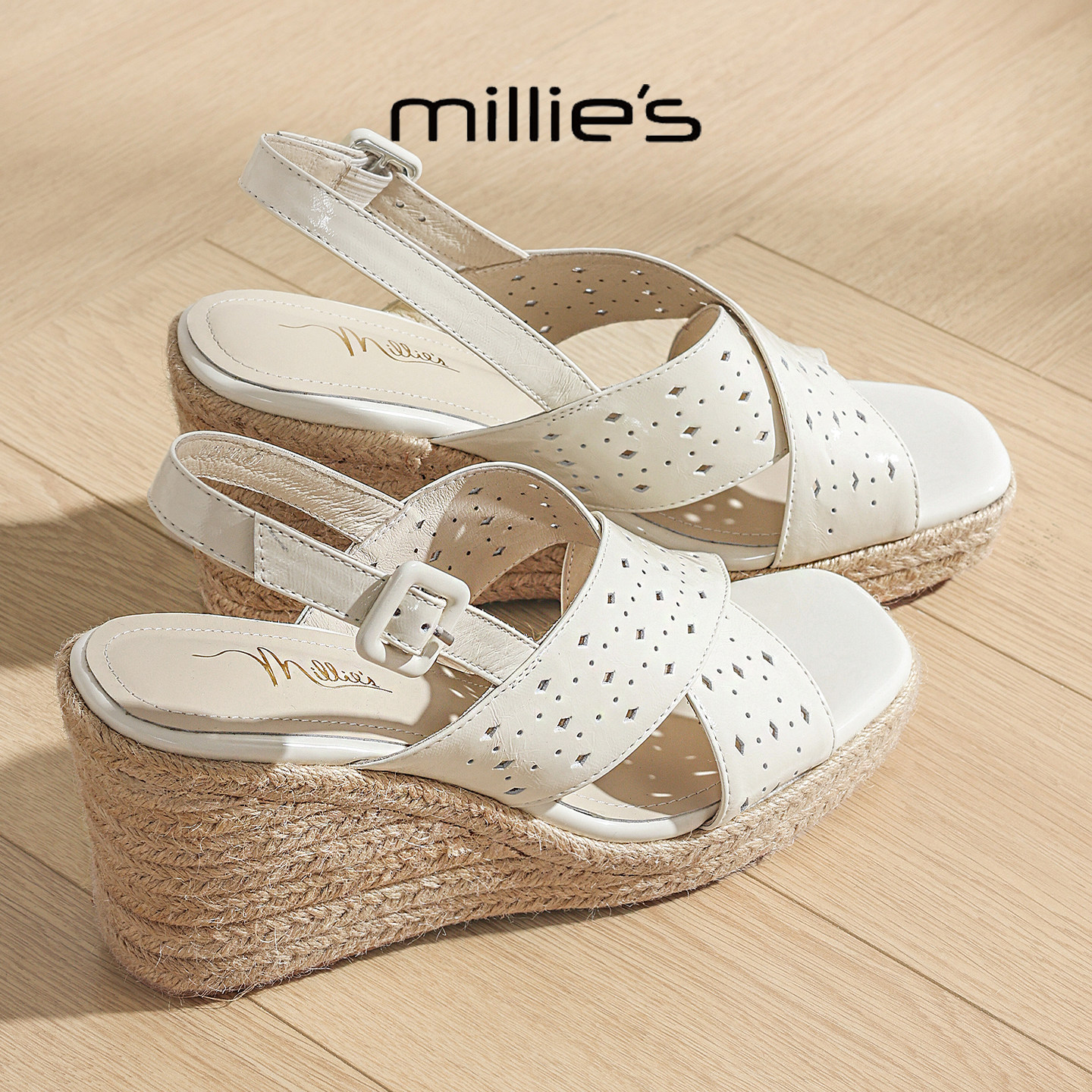 MILLIE'S/妙丽编织坡跟凉鞋女夏季镂空露趾一字扣带厚底不累脚