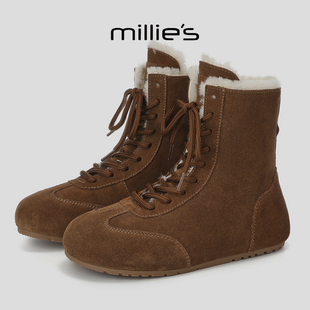 MILLIE'S/妙丽翻毛皮短靴女春季新款加绒保暖系带内增高休闲靴