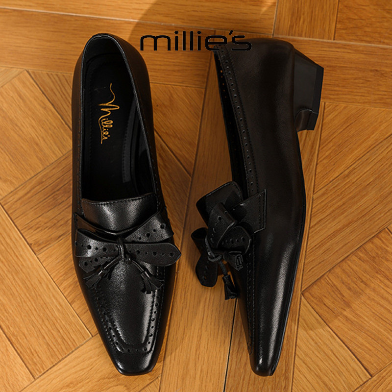 MILLIE'S/妙丽2025新款蝴蝶结浅口单鞋女平底鞋时尚尖头低跟单鞋