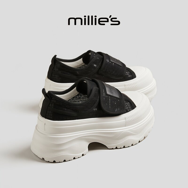 MILLIE'S/妙丽圆头厚底复古做旧网面透气字母魔术贴时尚运动板鞋