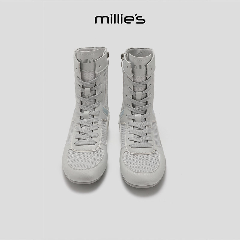 MILLIE'S/妙丽运动风系带高帮女靴透气轻便舒适短靴内增高马丁靴