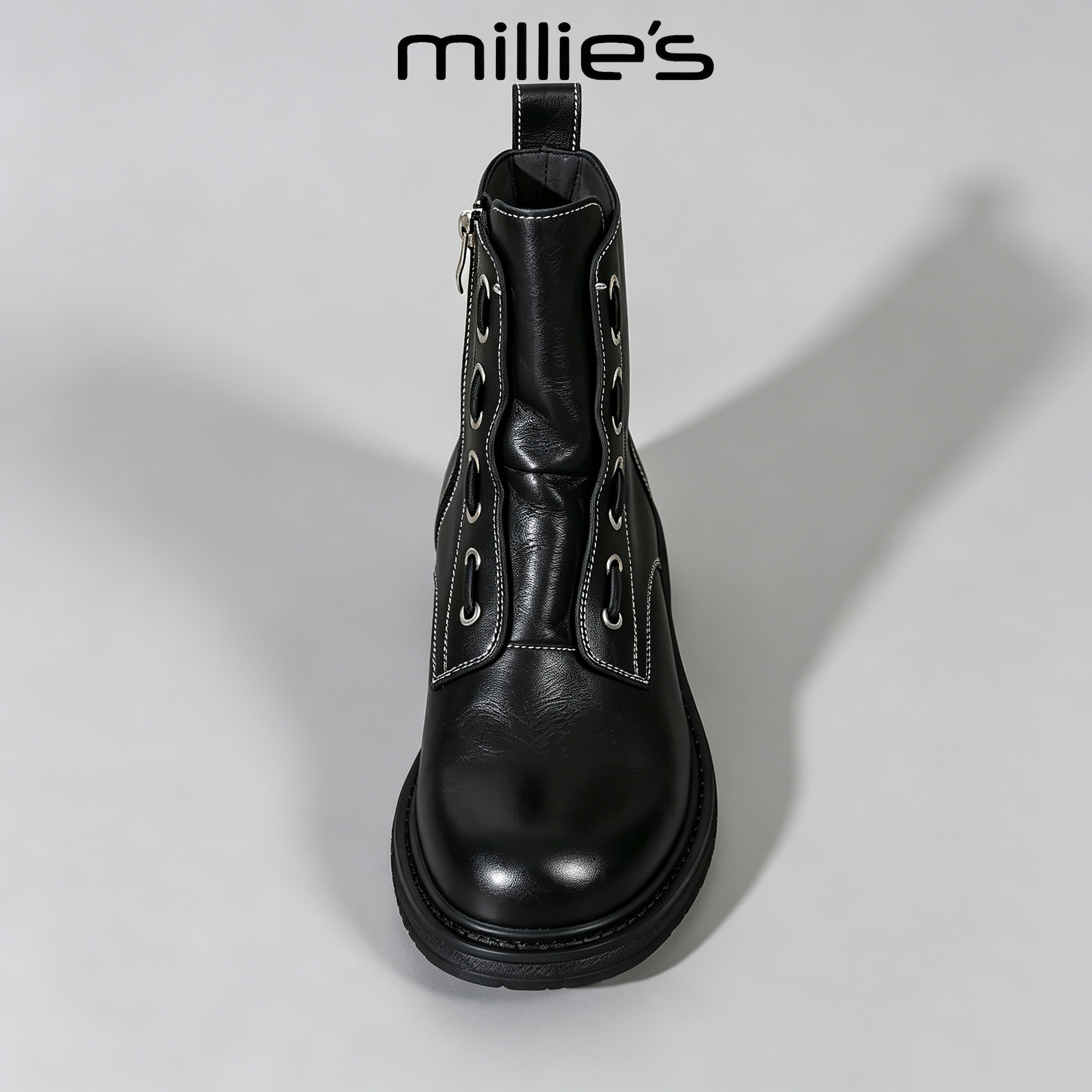 MILLIE'S/妙丽秋季机车靴女英伦风厚底侧拉链马丁靴明线加绒短靴