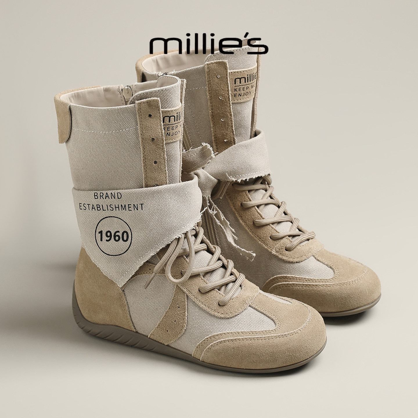 MILLIE'S/妙丽2026新款西部牛仔马靴休闲透气运动复古拼色中筒女