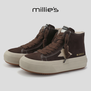 MILLIE'S/妙丽厚底高帮鞋女加绒保暖增高休闲板鞋棕色松糕工装鞋