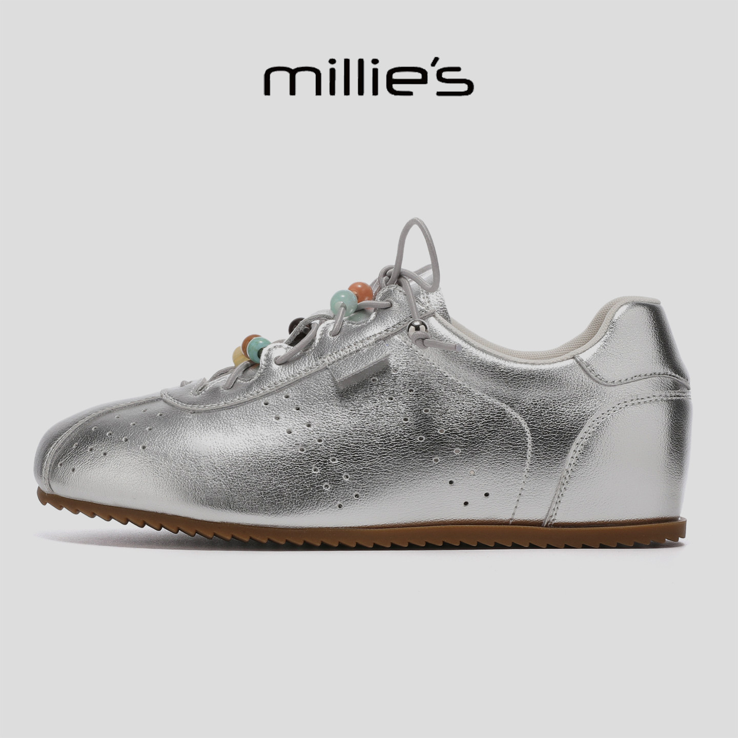 MILLIE'S/妙丽新款亮面银色德训鞋女内增高软底休闲鞋真皮运动鞋