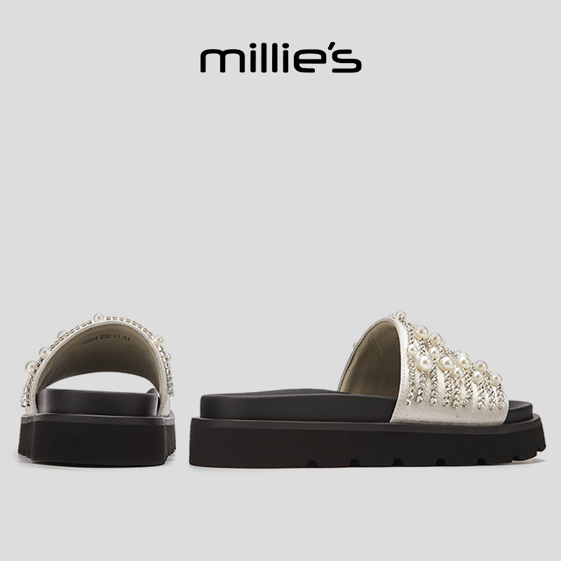 MILLIE'S/妙丽圆头厚底法式仙女风日常通勤外穿时尚百搭休闲拖鞋,女鞋,一字拖,淘宝优惠券,粉丝福利购,淘宝优惠卷