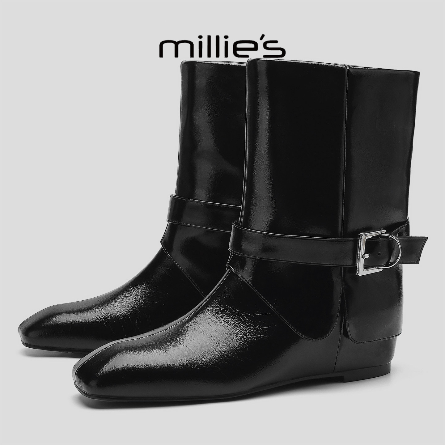 MILLIE'S/妙丽2025新款加绒内增高女款马丁靴复古英伦风方头短靴
