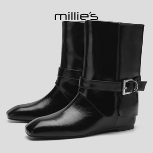 MILLIE'S/妙丽2025新款加绒内增高女款马丁靴复古英伦风方头短靴