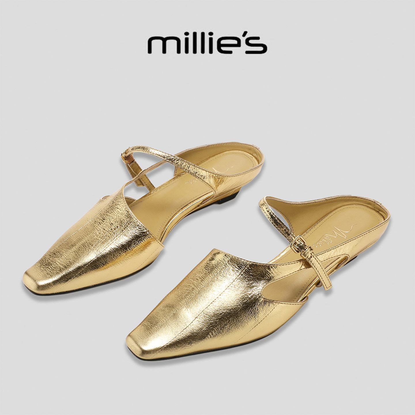 MILLIE'S/妙丽金亮面皮带扣包头半拖鞋夏女方头穆勒鞋气质懒人鞋G