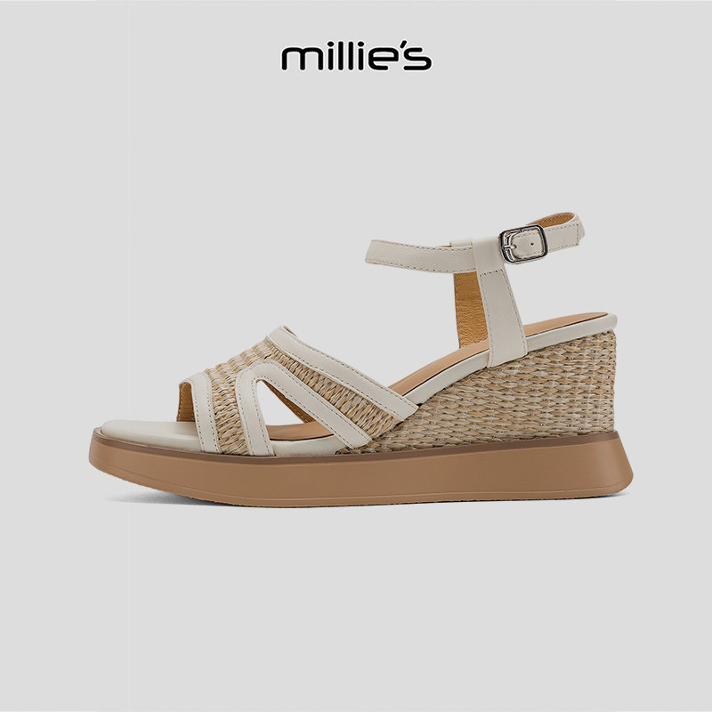 MILLIE'S/妙丽复古编织一字带坡跟凉鞋女夏厚底松糕舒适不累脚