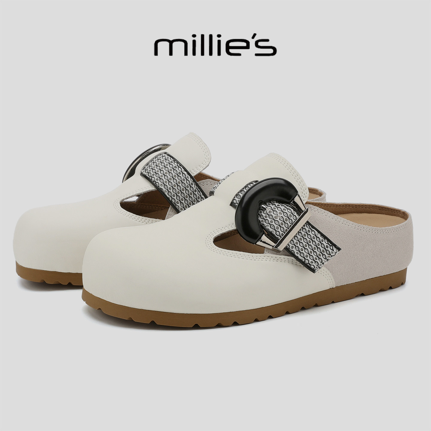 MILLIE'S/妙丽白色勃肯鞋女平底包头拖一脚蹬外穿半拖搭扣懒人鞋