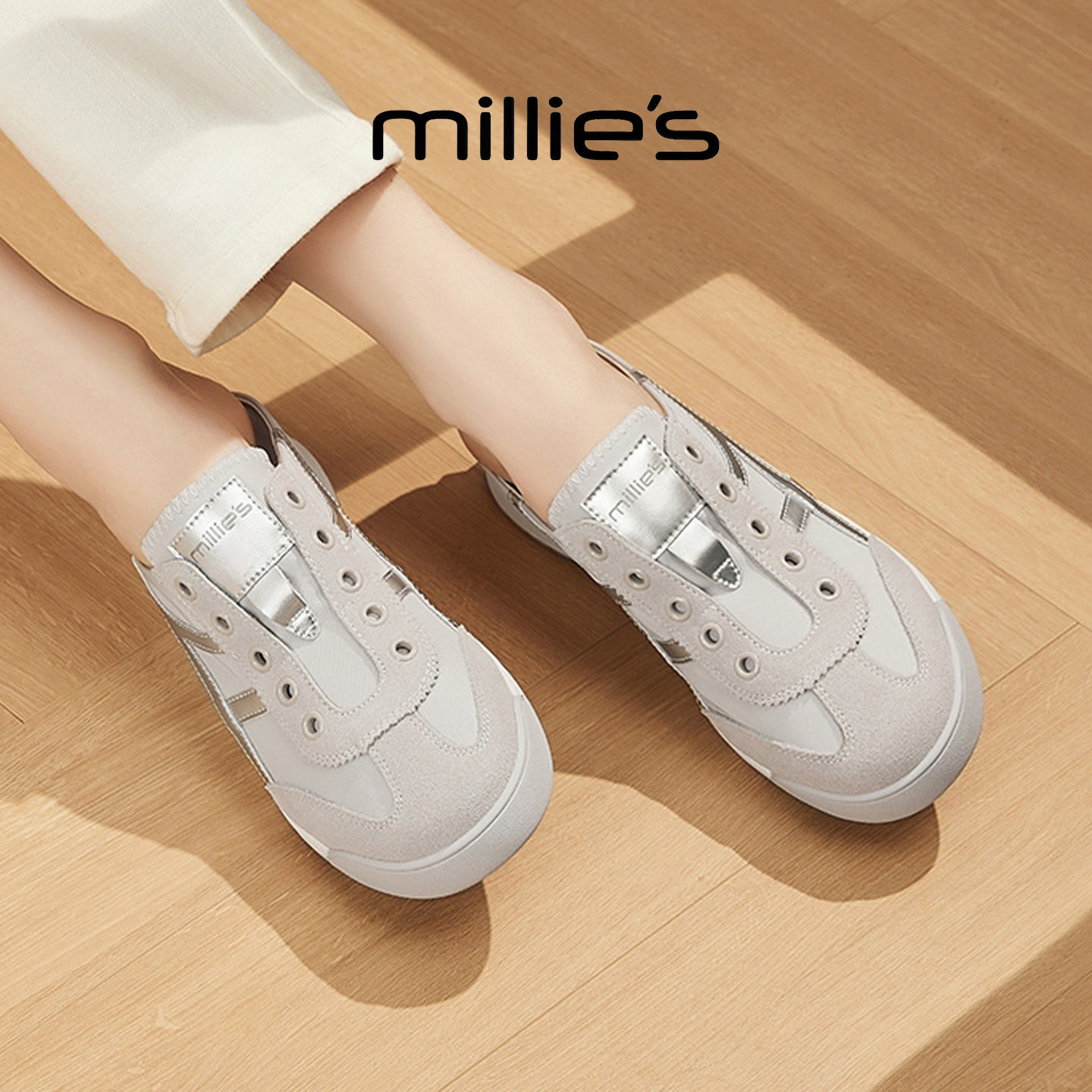 MILLIE'S/妙丽不累脚灰色休闲板鞋女平底舒适百搭复古风德训鞋