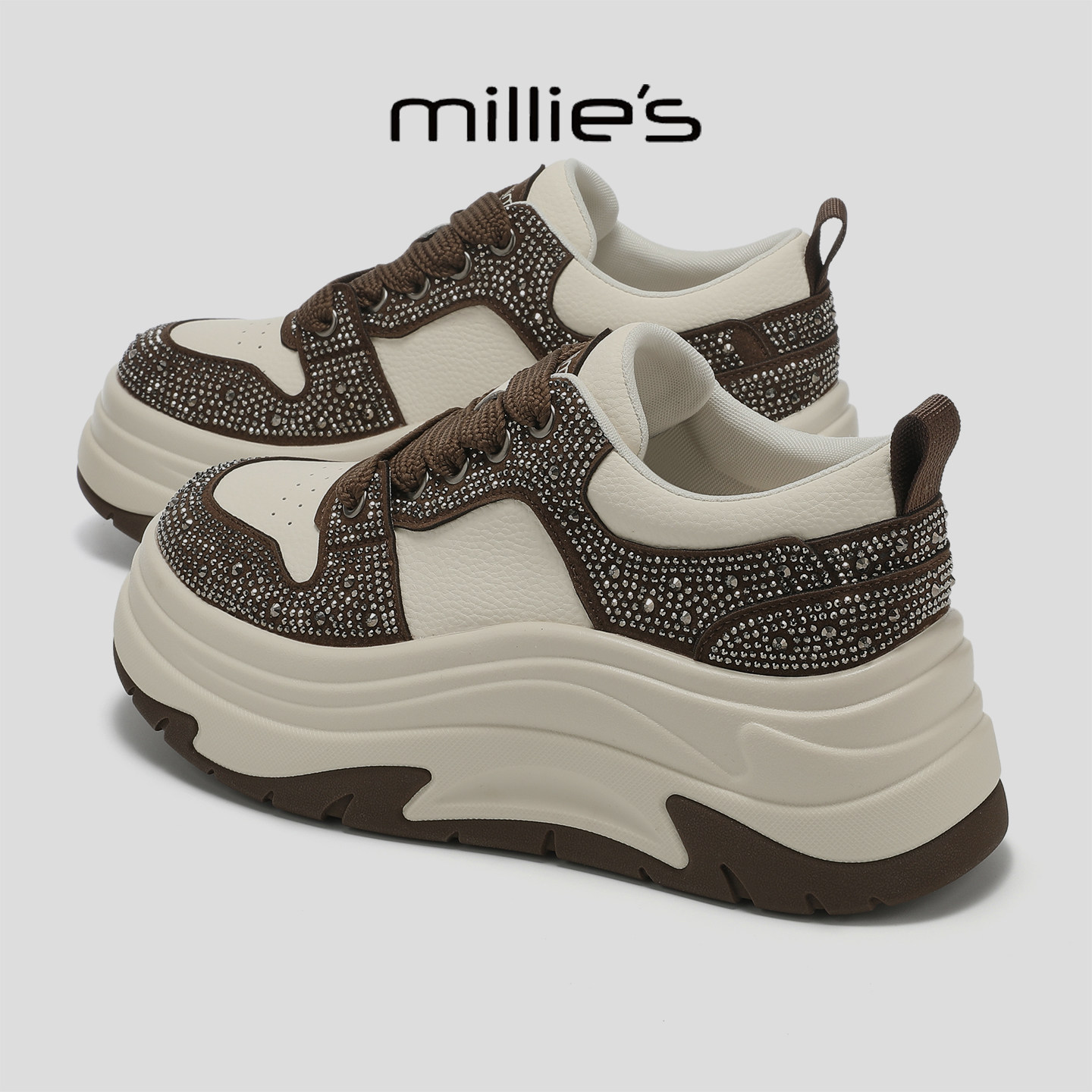 MILLIE'S/妙丽2025秋冬新款厚底增高小个子镶钻老爹鞋时尚休闲鞋,女鞋,德训鞋,淘宝优惠券,粉丝福利购,淘宝优惠卷