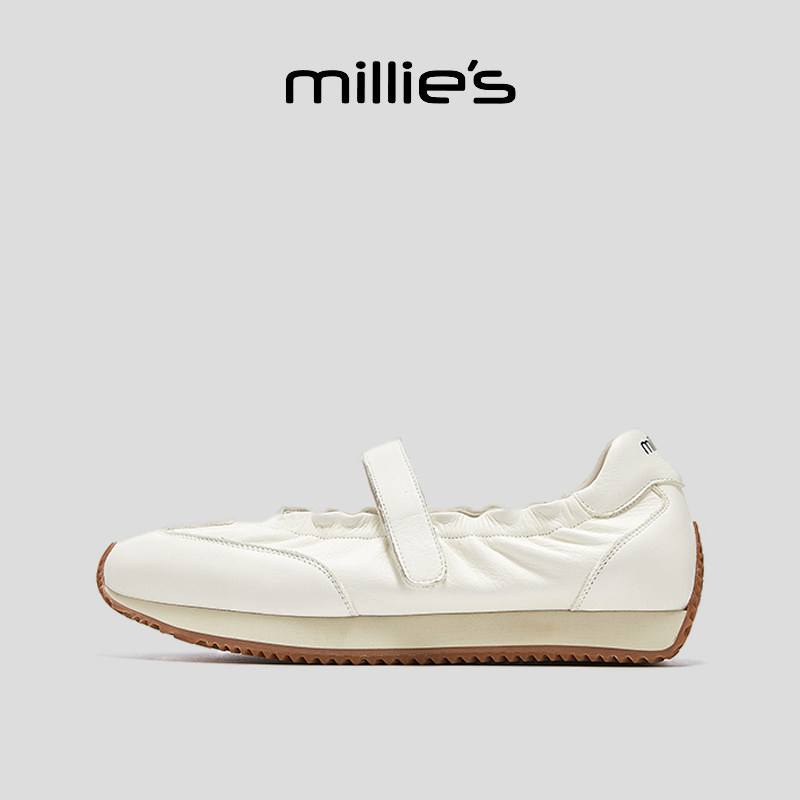MILLIE'S/妙丽阿甘鞋魔术贴玛丽珍丑萌皱皱风休闲杏色浅口单鞋