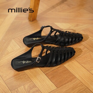 包头拖鞋 妙丽方头平底镂空编织罗马风格 休闲奶奶版 时尚 MILLIE