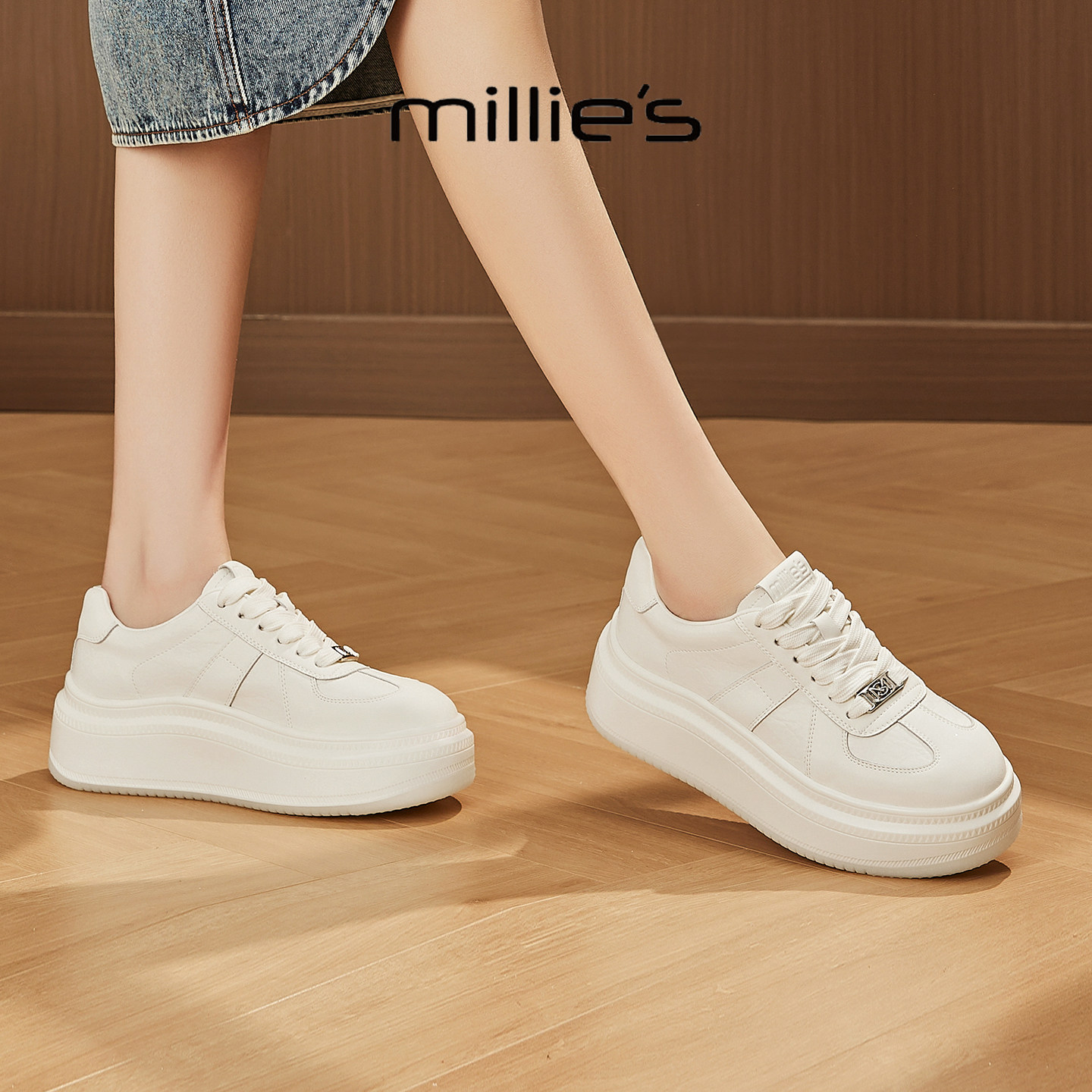 MILLIE'S/妙丽2026新款时尚百搭女士厚底增高小白鞋系带休闲鞋