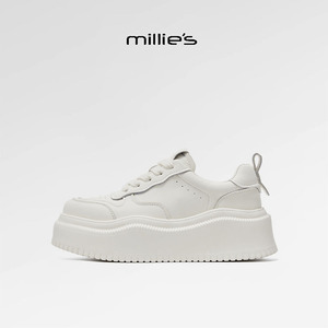 MILLIE'S/妙丽圆头厚底增高鞋 系带米色松糕女鞋运动休闲春季板鞋