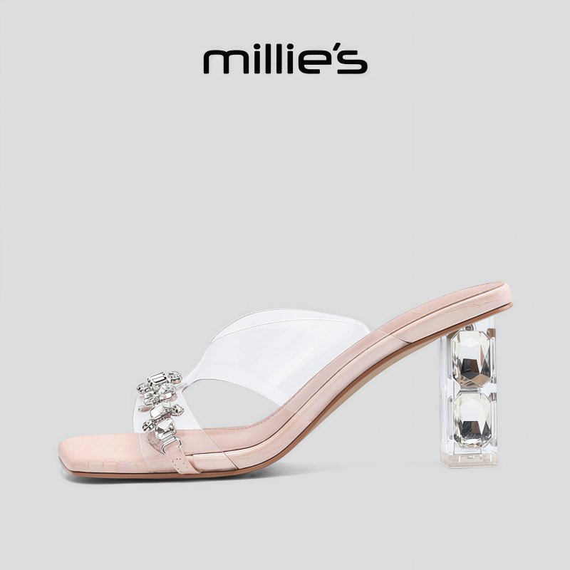 MILLIE'S/妙丽露趾小方头粗跟水晶镶钻高级感优雅气质时尚一字拖,女鞋,一字拖,淘宝优惠券,粉丝福利购,淘宝优惠卷