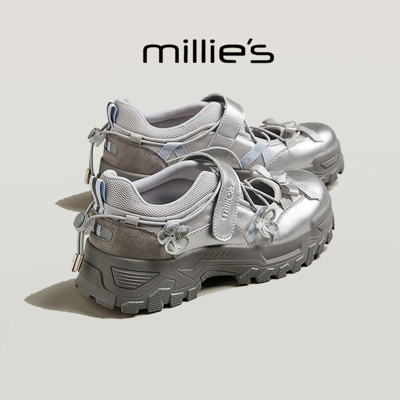 MILLIE'S/妙丽圆头厚底增高 魔术贴休闲鞋简约浅口银色玛丽珍鞋