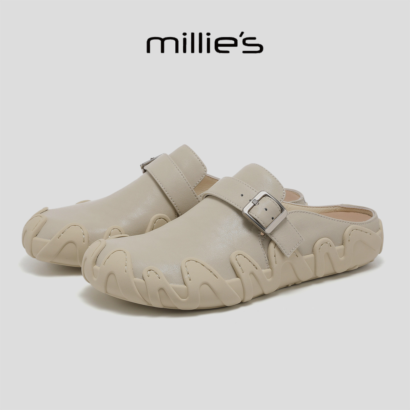 MILLIE'S/妙丽春季2026勃肯鞋女包头拖鞋一脚蹬皮带扣软底休闲鞋G