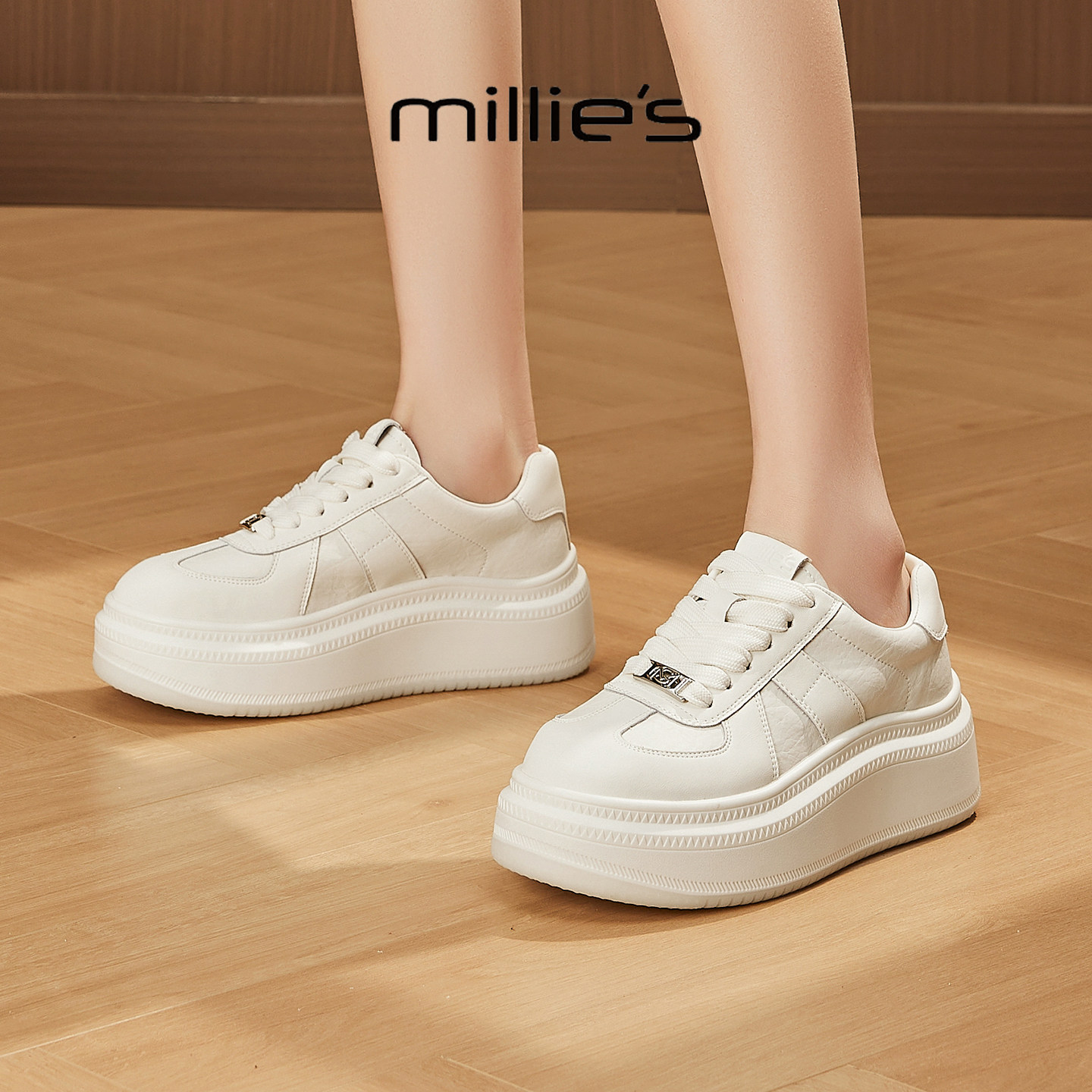 MILLIE'S/妙丽2026新款时尚百搭女士厚底增高小白鞋系带休闲鞋