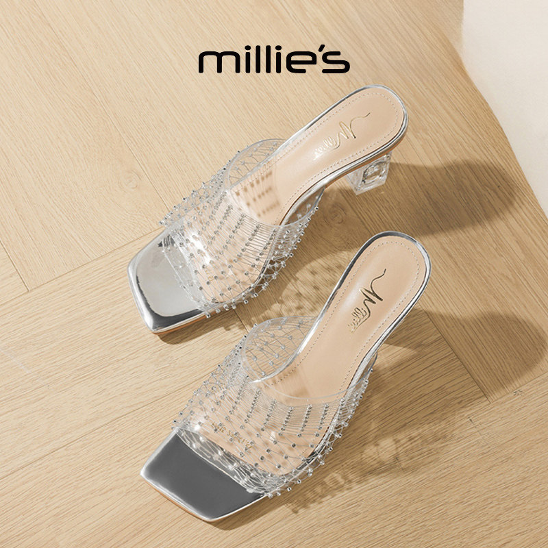 MILLIE'S/妙丽方头粗跟时尚百搭舒适透气不累脚外穿休闲凉鞋女