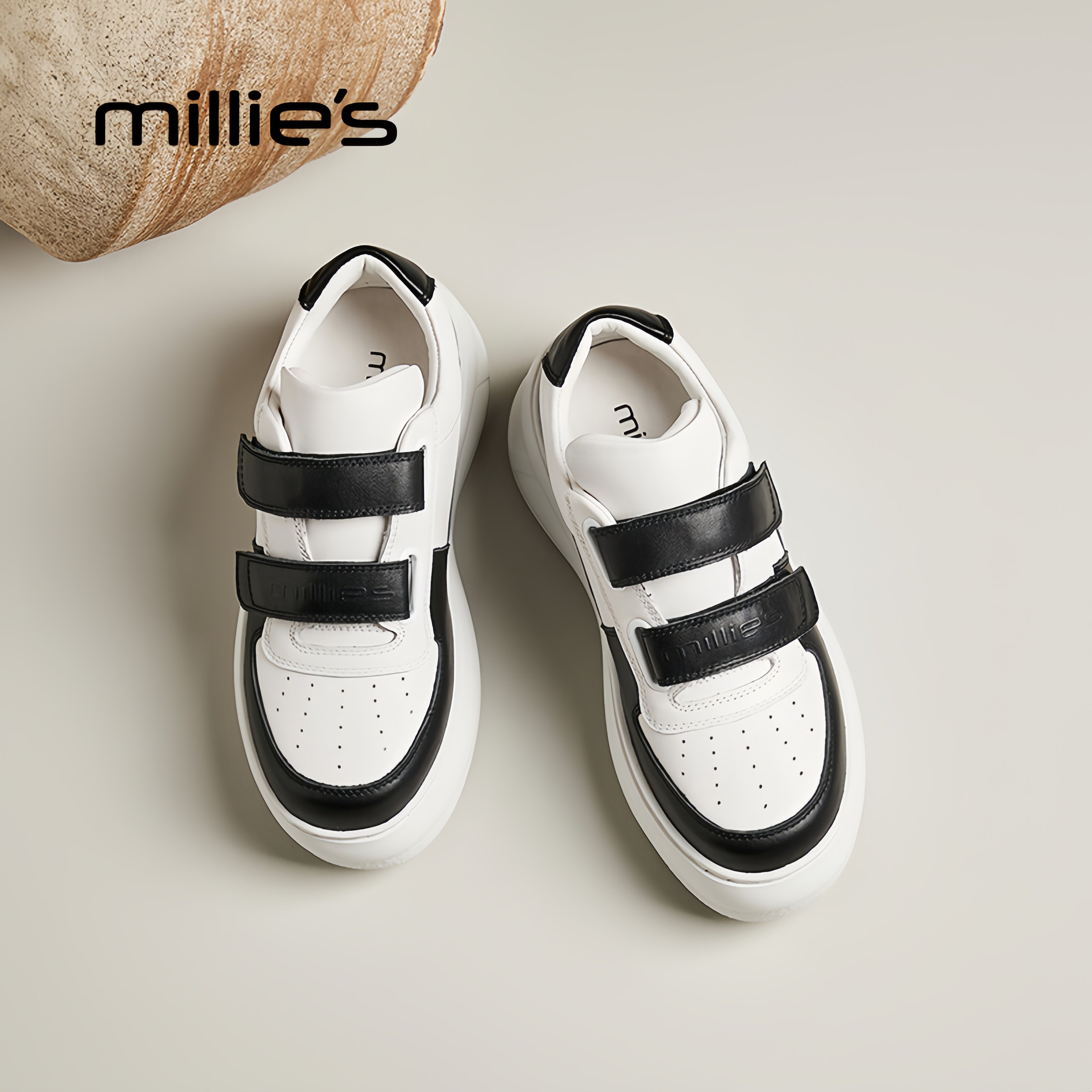 MILLIE'S/妙丽巨好看德训鞋男女款白色魔术贴低帮板鞋休闲运动鞋