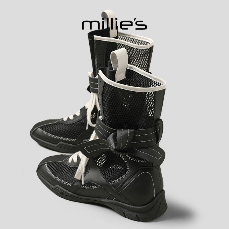 MILLIE'S/妙丽2026新款内增高系带侧拉链马丁靴女薄款网纱凉靴