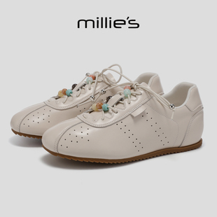MILLIE'S/妙丽春季串珠系带色复古德训鞋女内增高百搭休闲运动鞋