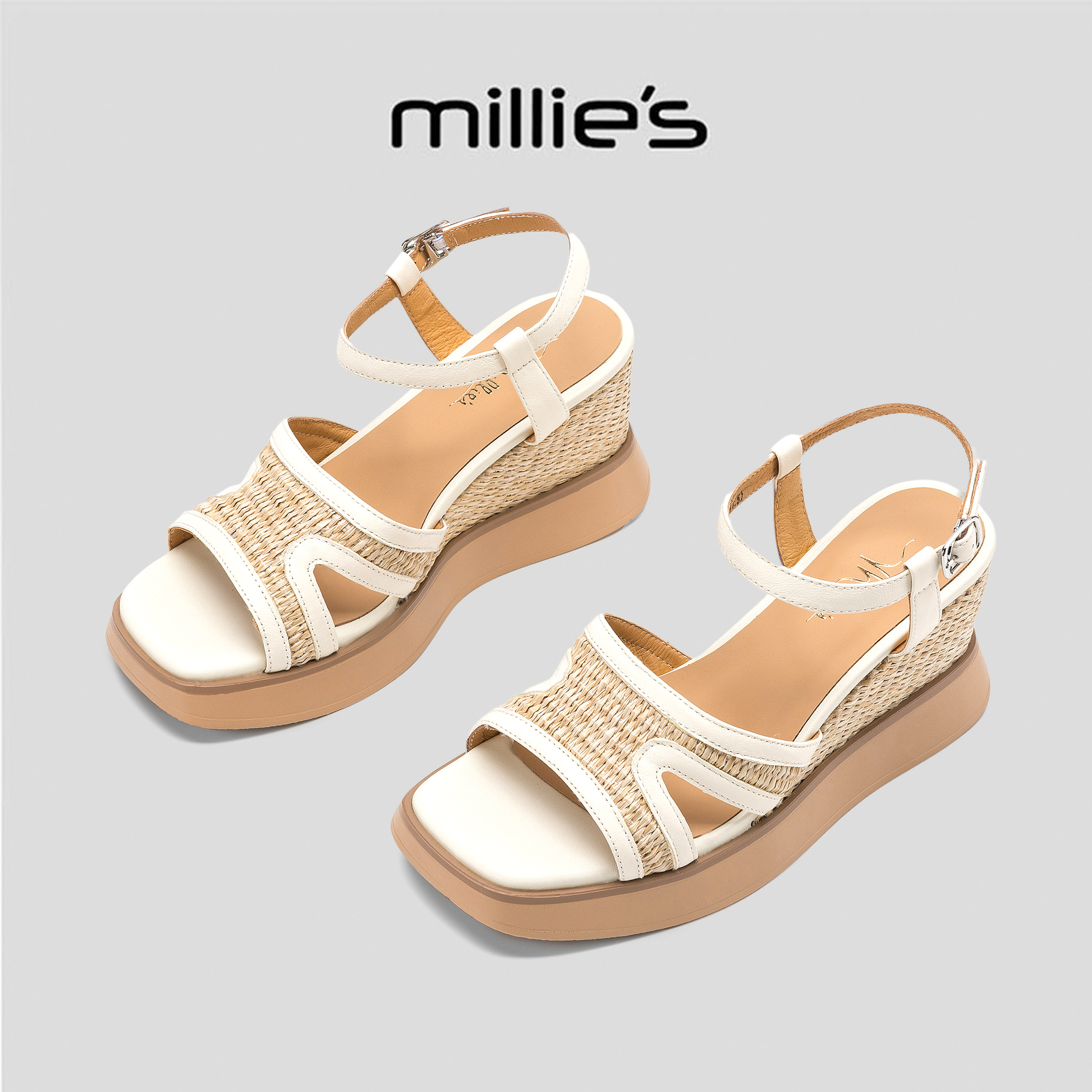 MILLIE'S/妙丽编织一字带坡跟凉鞋女2026夏厚底松糕鞋舒适不累脚