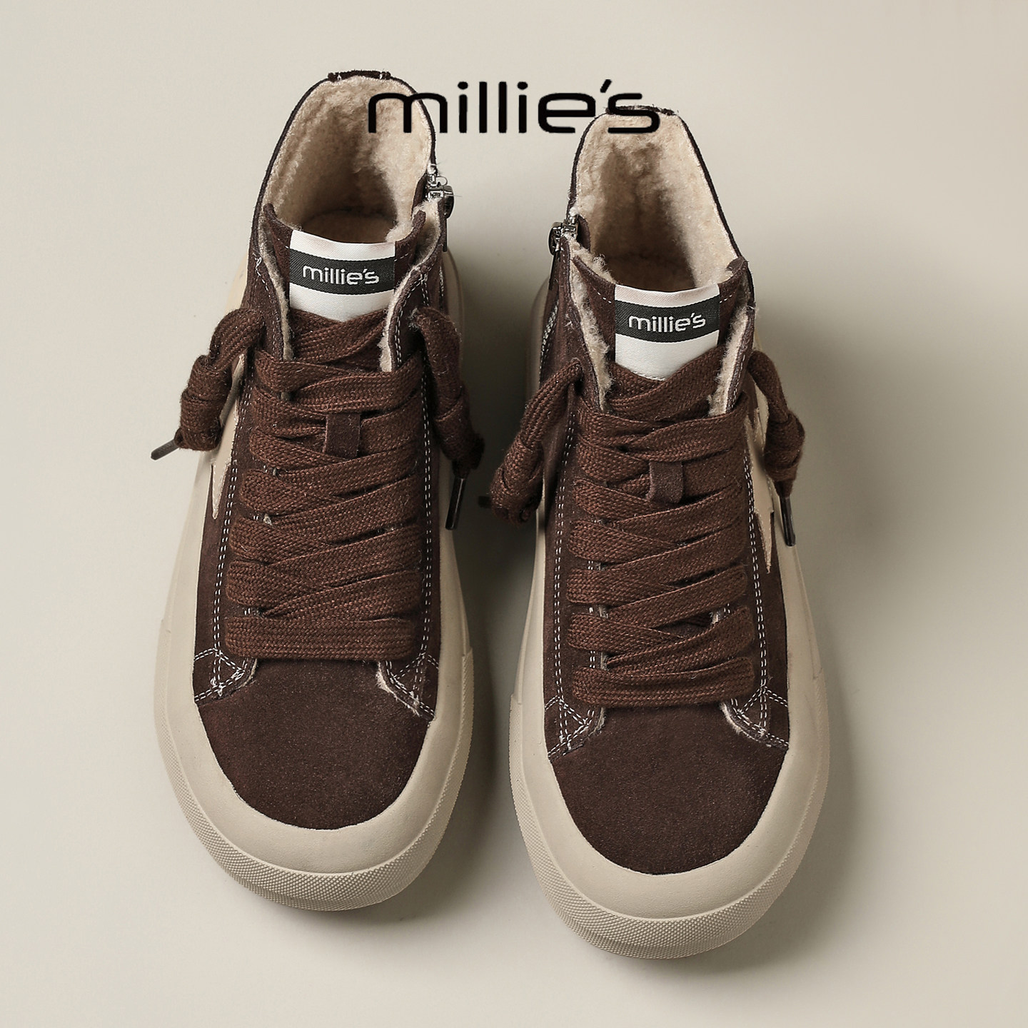 MILLIE'S/妙丽2025冬季新款加绒保暖短靴女系带平底休闲高帮板鞋,女鞋,马丁靴,淘宝优惠券,粉丝福利购,淘宝优惠卷