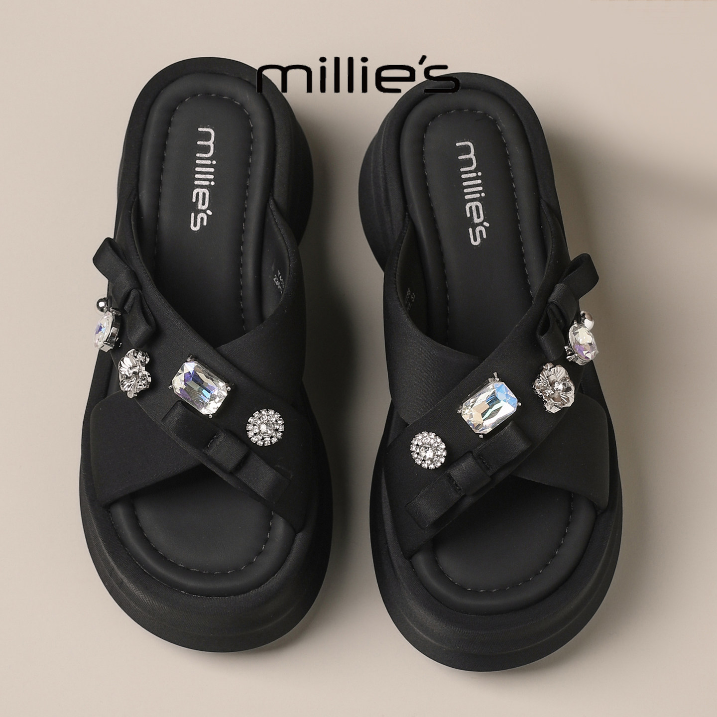 MILLIE'S/妙丽新款黑色水钻厚底凉拖鞋女夏外穿交叉绑带精致绝美